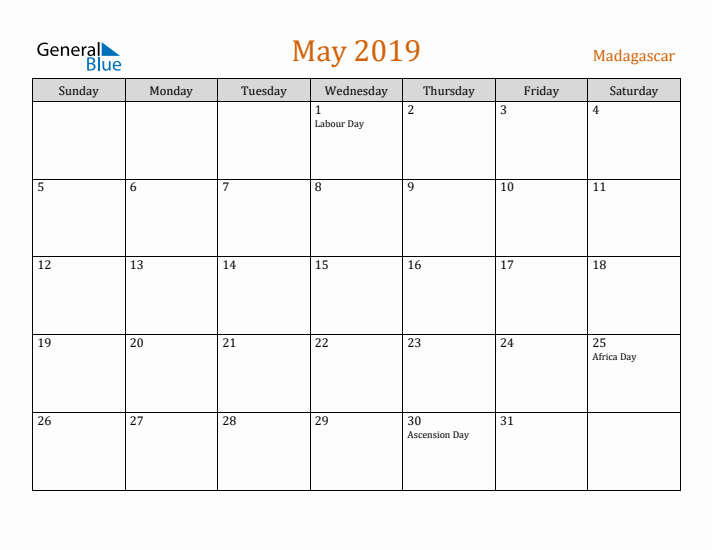 May 2019 Holiday Calendar with Sunday Start