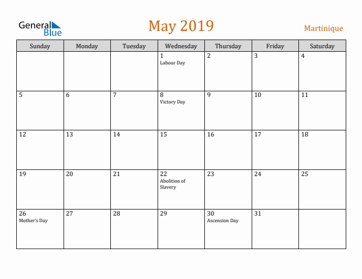 May 2019 Holiday Calendar with Sunday Start