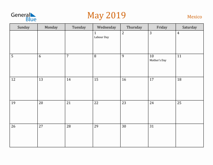 May 2019 Holiday Calendar with Sunday Start