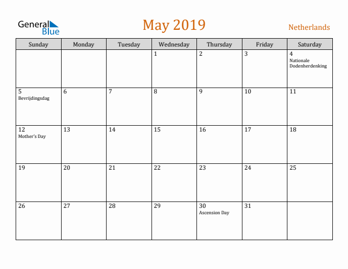 May 2019 Holiday Calendar with Sunday Start