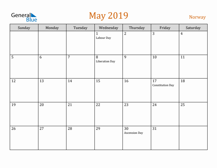 May 2019 Holiday Calendar with Sunday Start