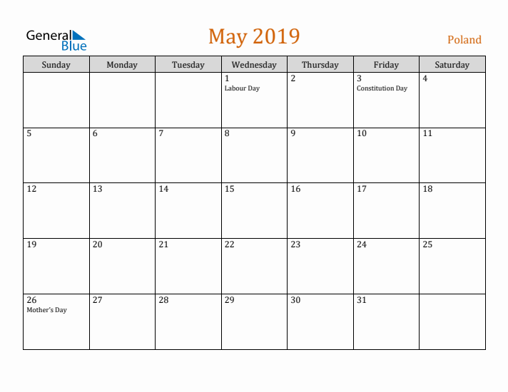 May 2019 Holiday Calendar with Sunday Start