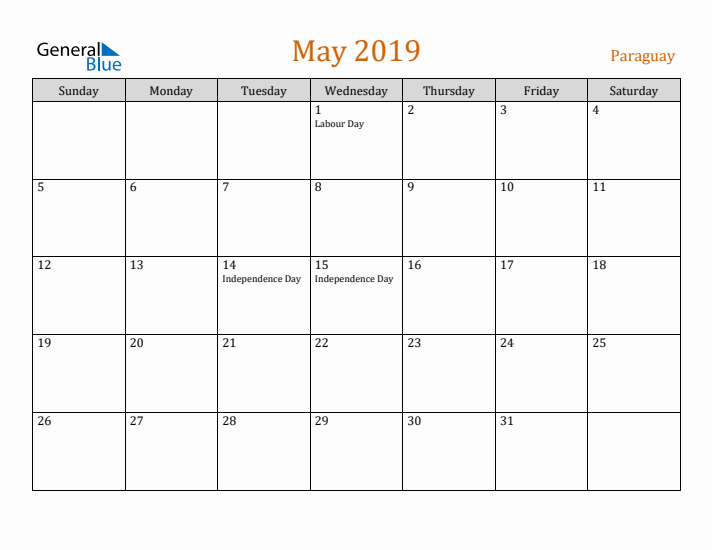 May 2019 Holiday Calendar with Sunday Start