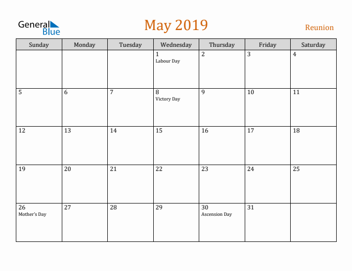 May 2019 Holiday Calendar with Sunday Start