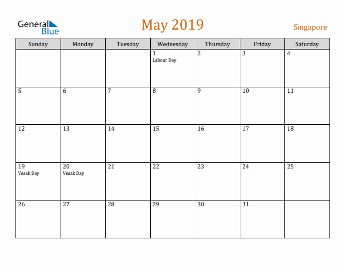 May 2019 Holiday Calendar with Sunday Start