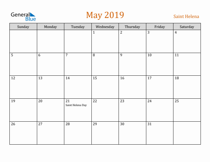 May 2019 Holiday Calendar with Sunday Start