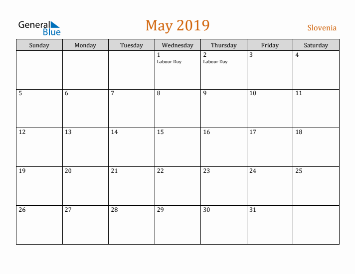 May 2019 Holiday Calendar with Sunday Start