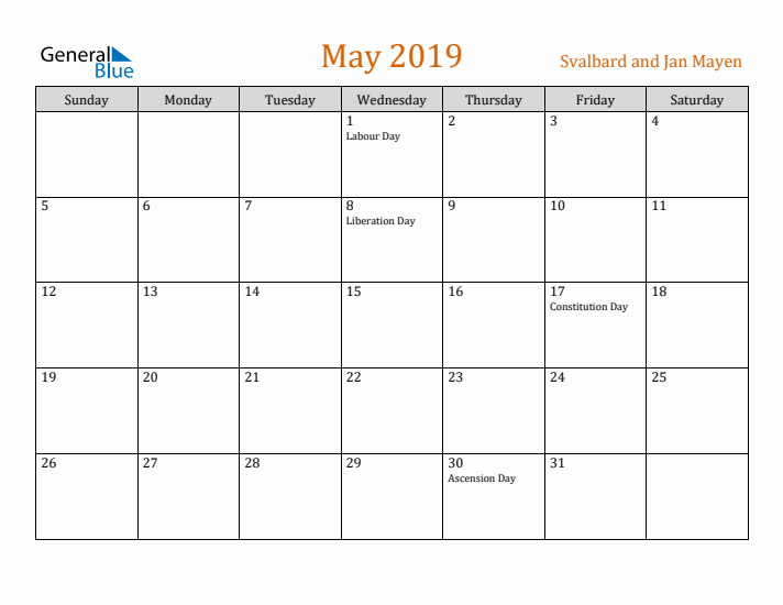 May 2019 Holiday Calendar with Sunday Start