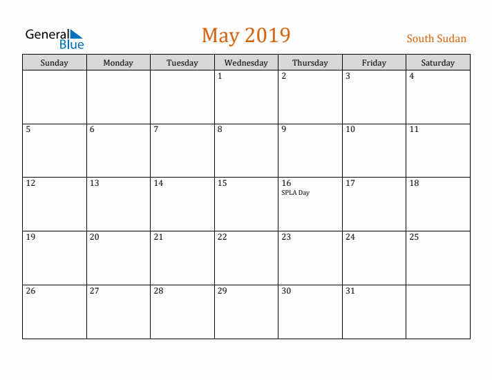 May 2019 Holiday Calendar with Sunday Start