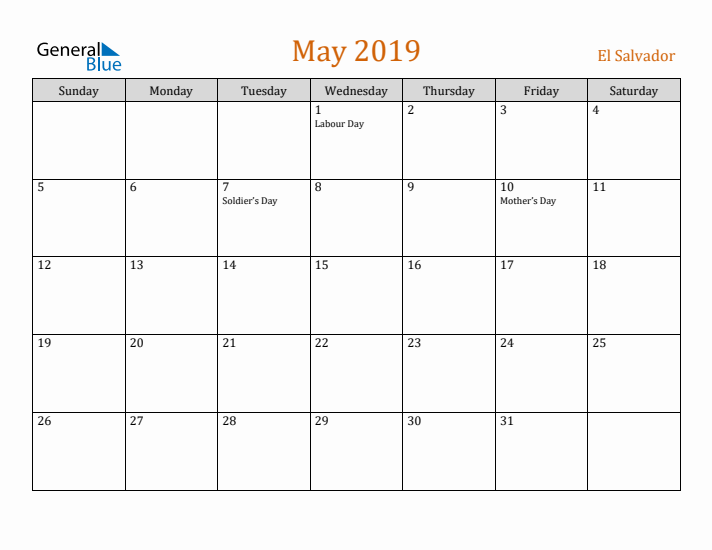 May 2019 Holiday Calendar with Sunday Start