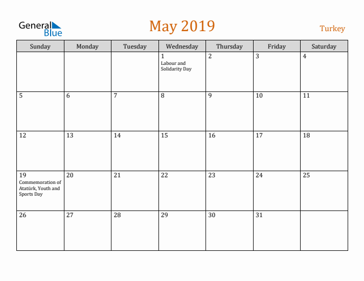 May 2019 Holiday Calendar with Sunday Start