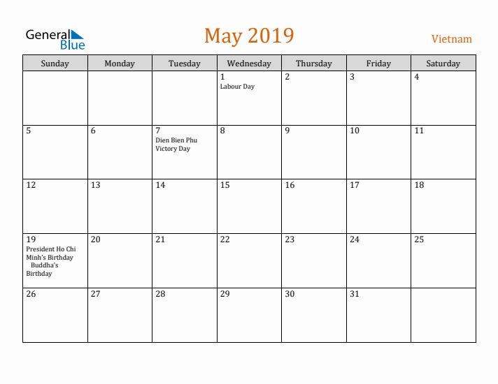 May 2019 Holiday Calendar with Sunday Start