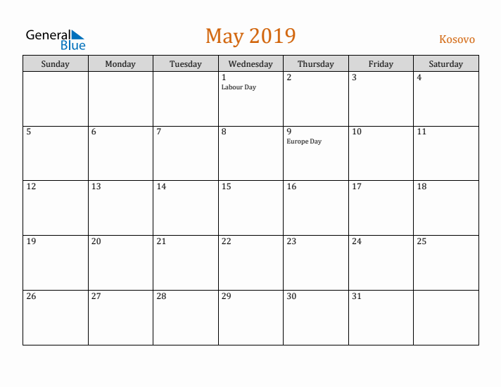 May 2019 Holiday Calendar with Sunday Start