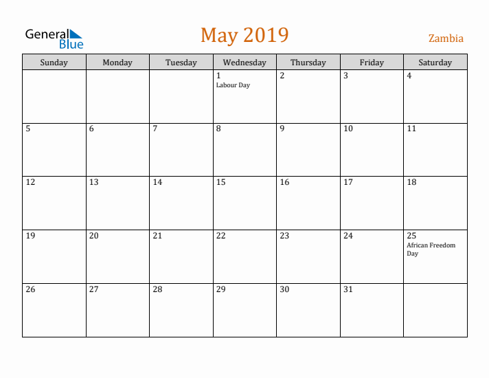 May 2019 Holiday Calendar with Sunday Start