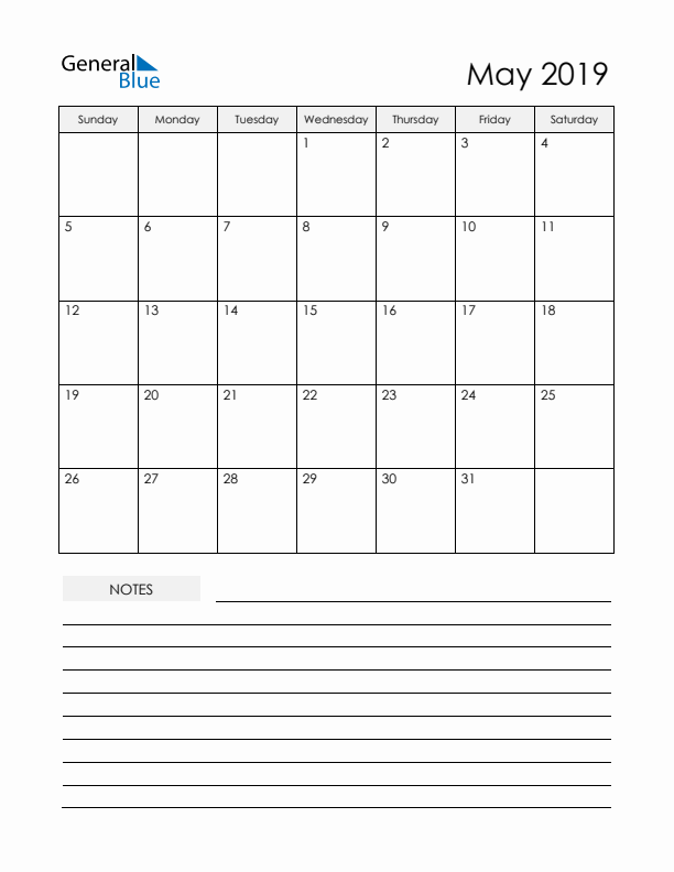 Printable Calendar with Notes - May 2019 