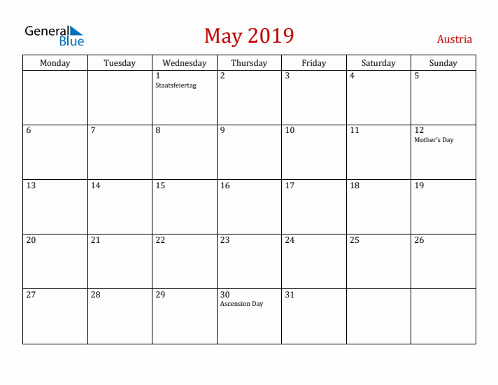 Austria May 2019 Calendar - Monday Start