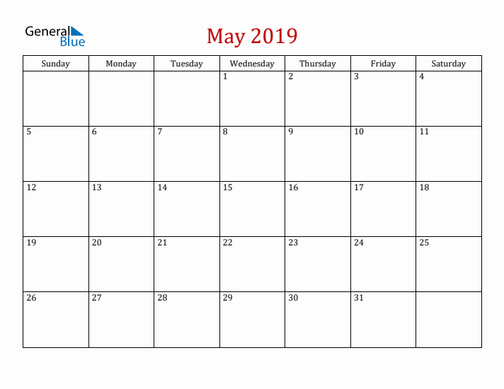 Blank May 2019 Calendar with Sunday Start