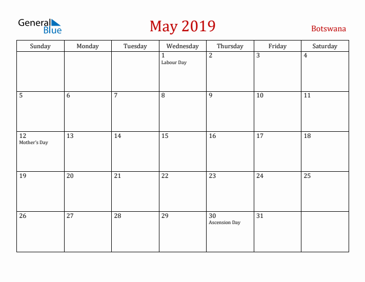 Botswana May 2019 Calendar - Sunday Start