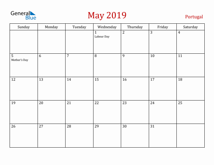 Portugal May 2019 Calendar - Sunday Start