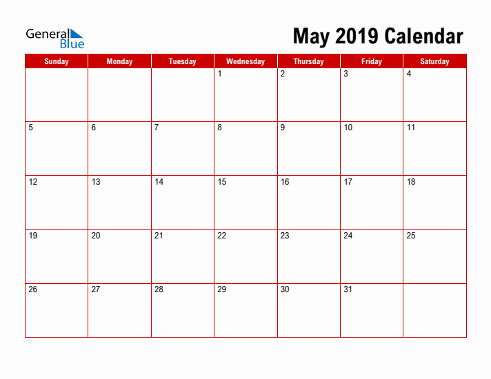 Simple Monthly Calendar - May 2019