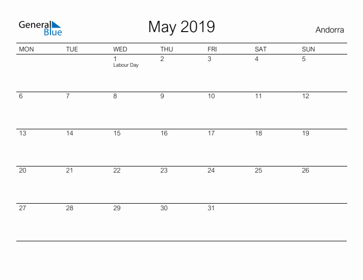 Printable May 2019 Calendar for Andorra