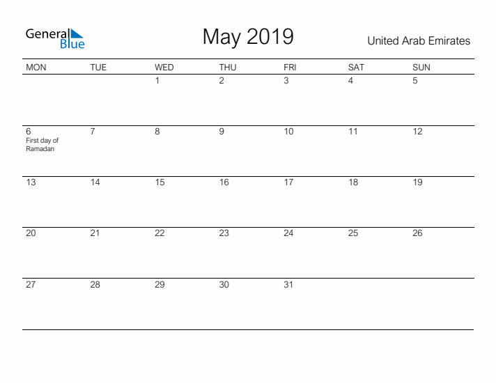 Printable May 2019 Calendar for United Arab Emirates