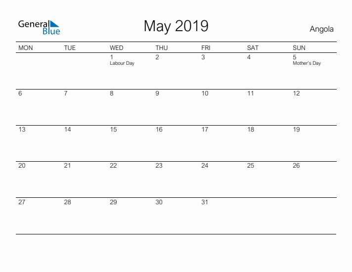 Printable May 2019 Calendar for Angola