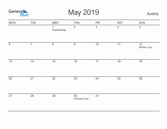 Printable May 2019 Calendar for Austria