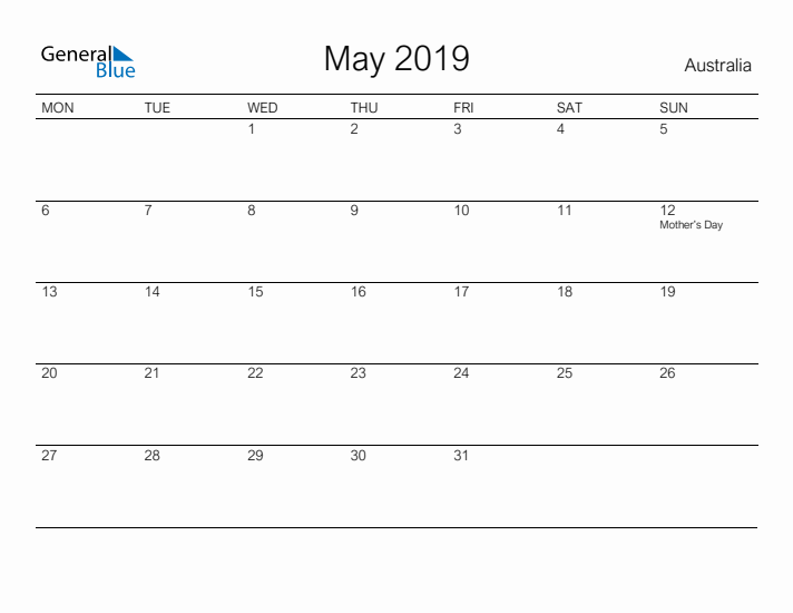 Printable May 2019 Calendar for Australia