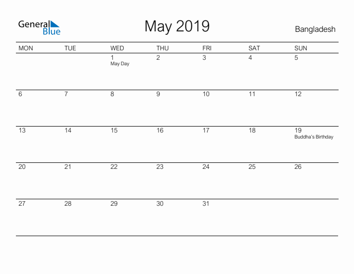 Printable May 2019 Calendar for Bangladesh