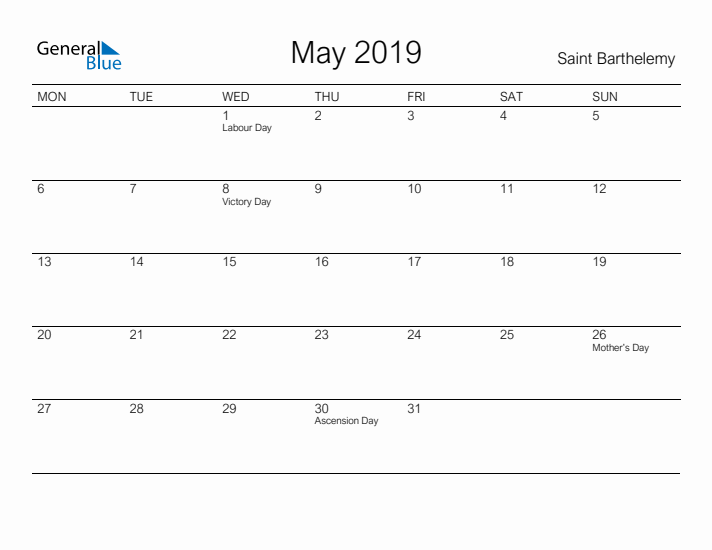 Printable May 2019 Calendar for Saint Barthelemy