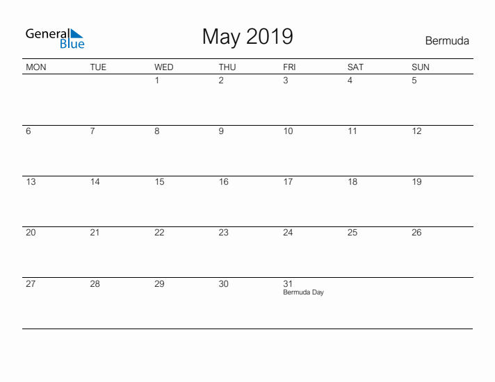 Printable May 2019 Calendar for Bermuda