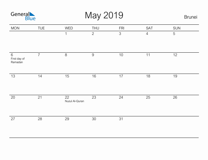 Printable May 2019 Calendar for Brunei