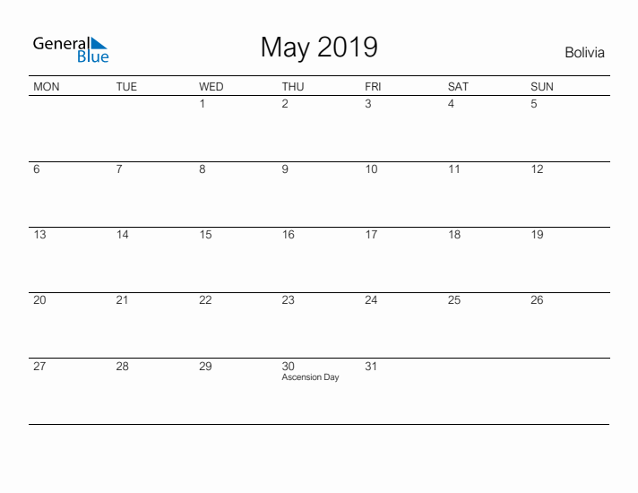 Printable May 2019 Calendar for Bolivia