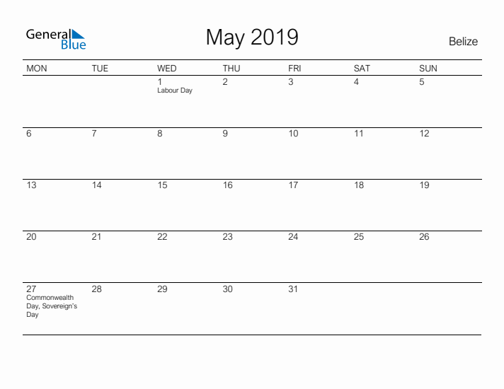 Printable May 2019 Calendar for Belize