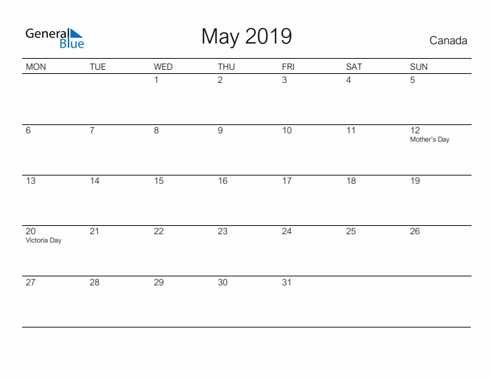 Printable May 2019 Calendar for Canada