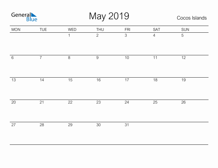 Printable May 2019 Calendar for Cocos Islands