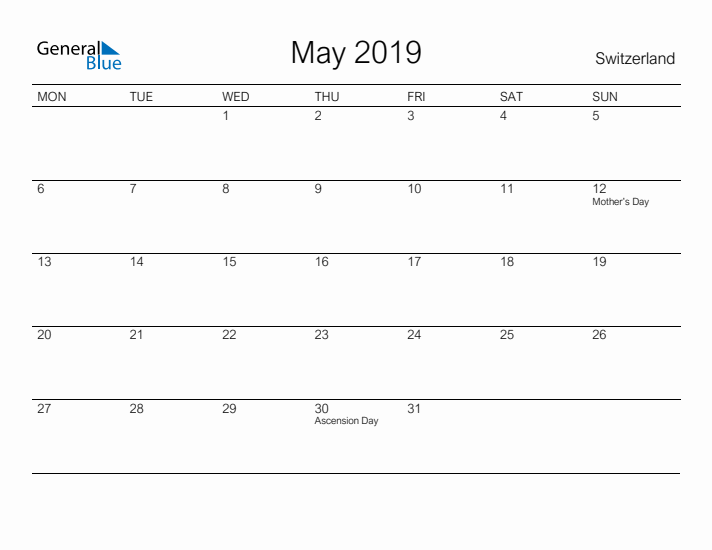 Printable May 2019 Calendar for Switzerland