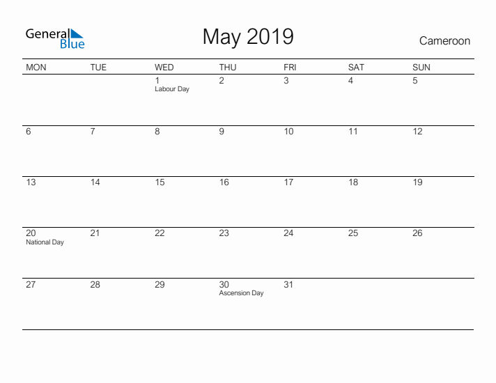 Printable May 2019 Calendar for Cameroon