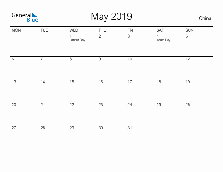 Printable May 2019 Calendar for China