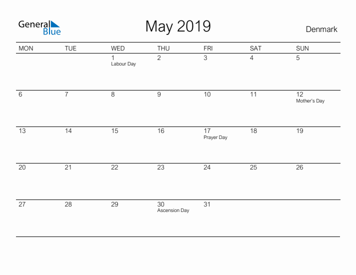 Printable May 2019 Calendar for Denmark