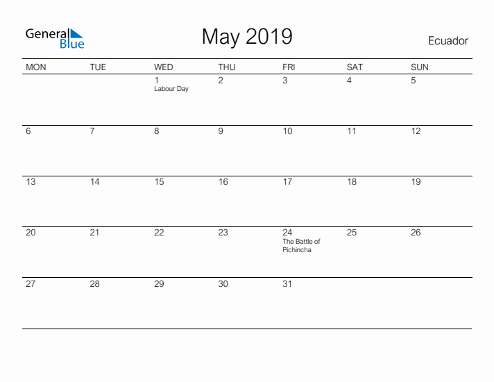 Printable May 2019 Calendar for Ecuador