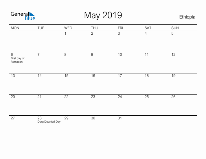 Printable May 2019 Calendar for Ethiopia