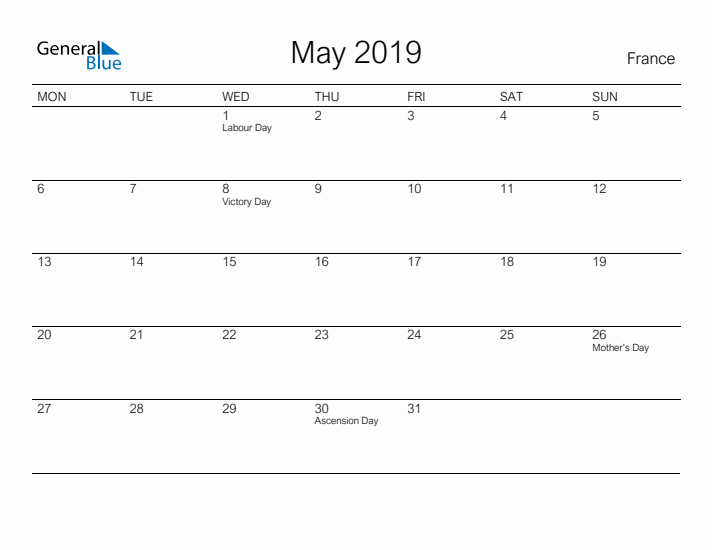 Printable May 2019 Calendar for France