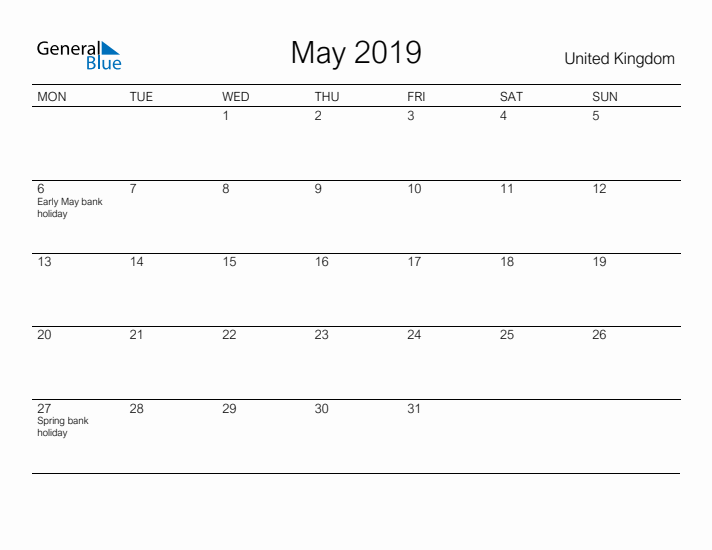 Printable May 2019 Calendar for United Kingdom