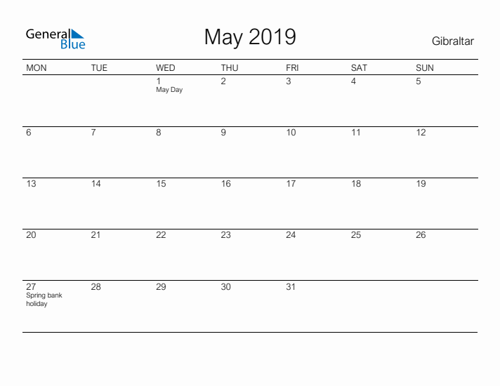 Printable May 2019 Calendar for Gibraltar