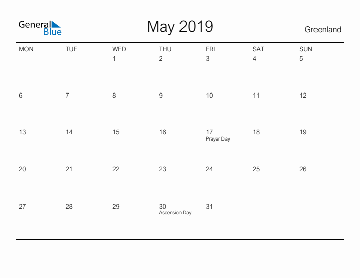 Printable May 2019 Calendar for Greenland