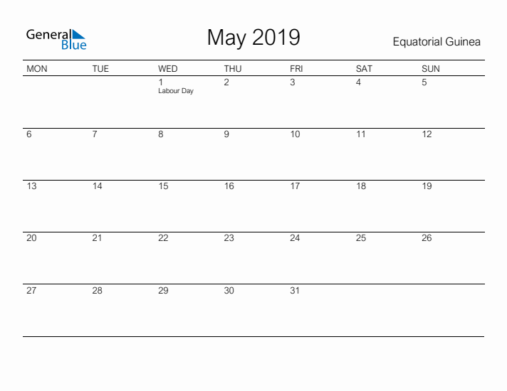 Printable May 2019 Calendar for Equatorial Guinea