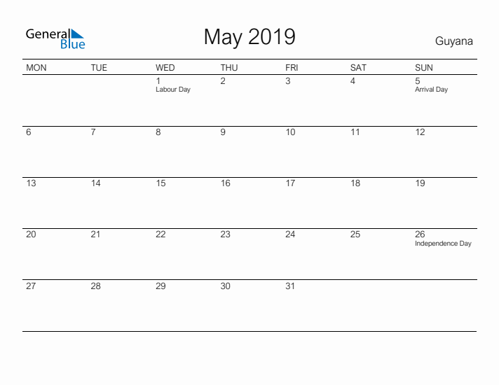 Printable May 2019 Calendar for Guyana