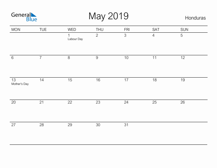 Printable May 2019 Calendar for Honduras